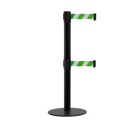 Montour Line Stanchion Dual Belt Barrier Flat Base Black Post 13ft. Grn/Whi Belt S400D-BK-GWD-130